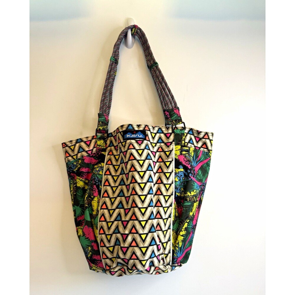 KAVU Boat Bag Canvas Tote Neon Geometric Triangle Tropical Floral Rope Handle